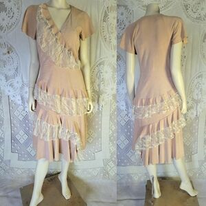 Joie Asymmetrical LEATHER Dress with Lace and Ruffles in Soft Nude Sz6